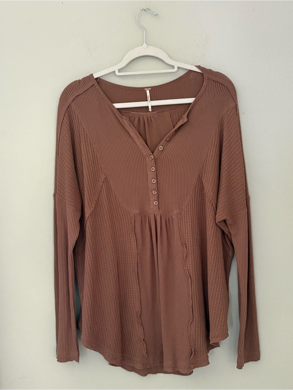 Free People Leo Henley Thermal Long Sleeve Oversized Tunic Chocolate Malt M